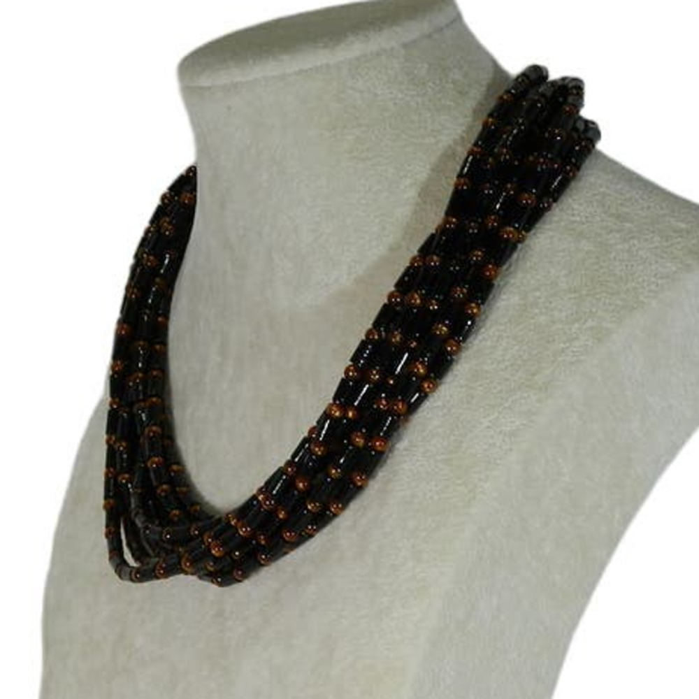 Vintage JAY KING Black Coral & Amber Beads 925 Multi Strand Necklace